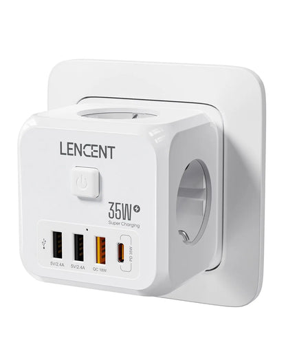 LENCENT Extensor de Tomada de Parede com 3 Tomadas AC 3 Portas USB E 1 Tipo C 7-em 1 EU Plug Charger On/Off Switch para Casa