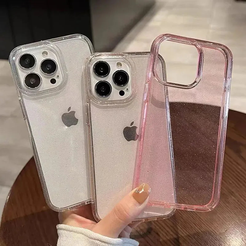 Luxo bling glitter claro caso de telefone para iphone 11 12 13 14 15 16 17 pro xr xs max mini plus à prova de choque macio transparente capa