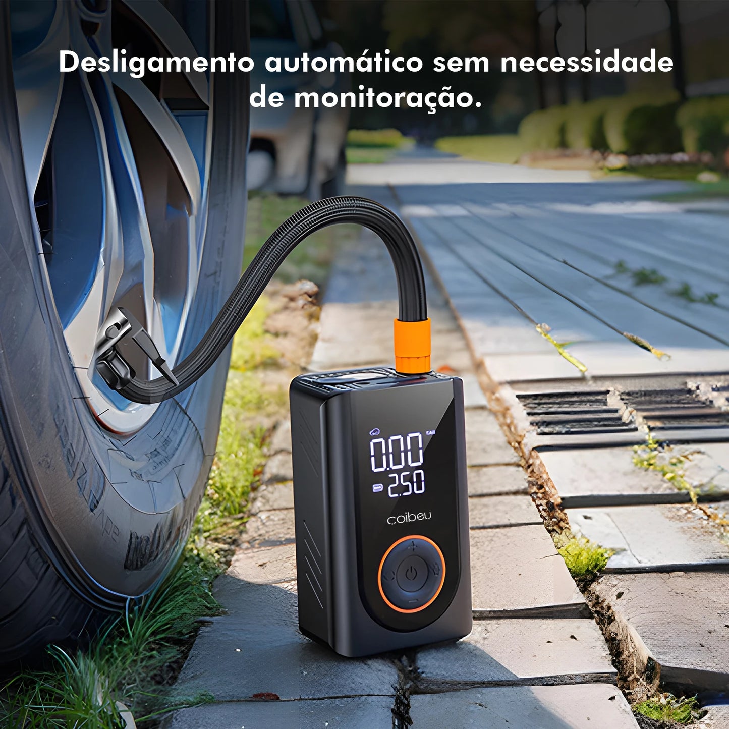 Bomba de Ar Portátil Sem Fio 60W, Bateria Recarregável 3600mAh, 150PSI, 5 Modos, LED/SOS, Type-C, Automática para Carro/Moto