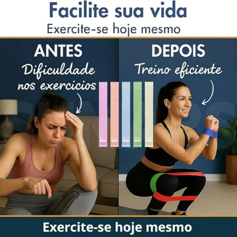 Kit 5 Faixas Elástica de Resistência Silicone para Yoga Pilates Fisioterapia Treino Academia