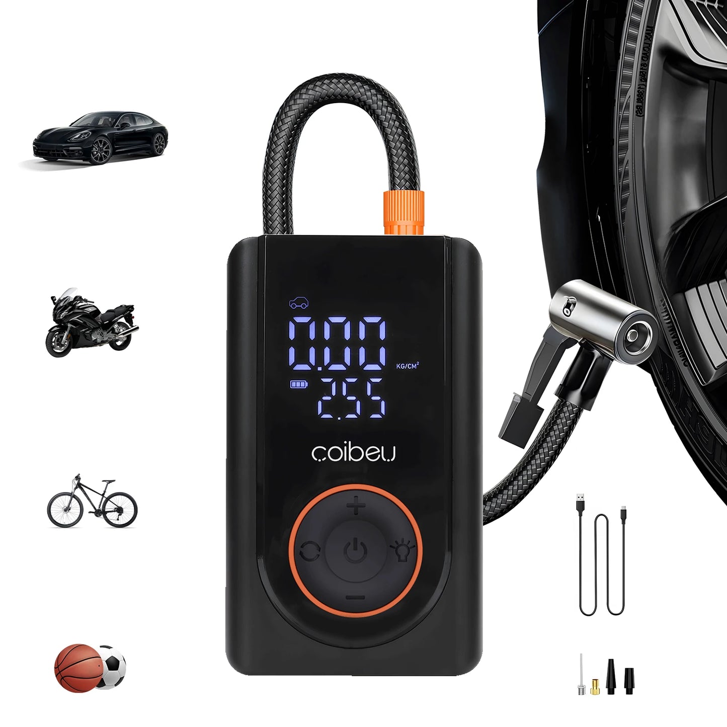 Bomba de Inflação Portátil Sem Fio 60W, Bateria 1800mAh*2, 5 Modos (Carro/Bicicleta/Moto), LED, Desligamento Automático, Type-C