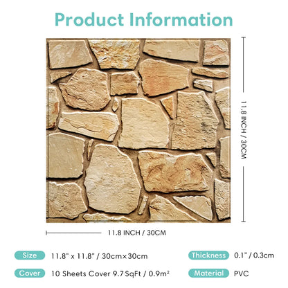 Painéis de parede de pedra falsa 3D, Peel and Stick Tile, Adesivo decorativo de parede, Auto-adesivo, 1 pc, 10pcs