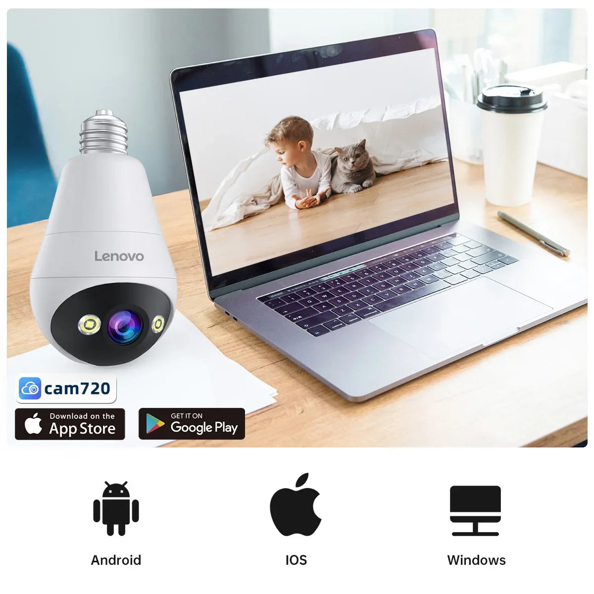 Lenovo 3mp e27 lâmpada ip wifi câmera de vigilância de vídeo interna cor noite ai rastreamento casa inteligente monitor do bebê câmera cctv
