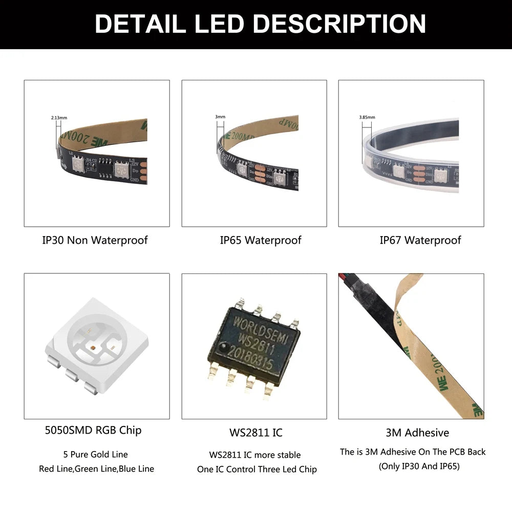 Ws2811 ws2812b ws2813 ws2815 30/60/144 pixels/leds/m 5050 rgbic tira led inteligente ws2812 luz ic endereçável individualmente dc5v/12v