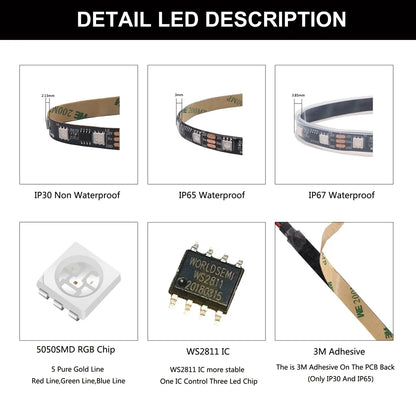 Ws2811 ws2812b ws2813 ws2815 30/60/144 pixels/leds/m 5050 rgbic tira led inteligente ws2812 luz ic endereçável individualmente dc5v/12v