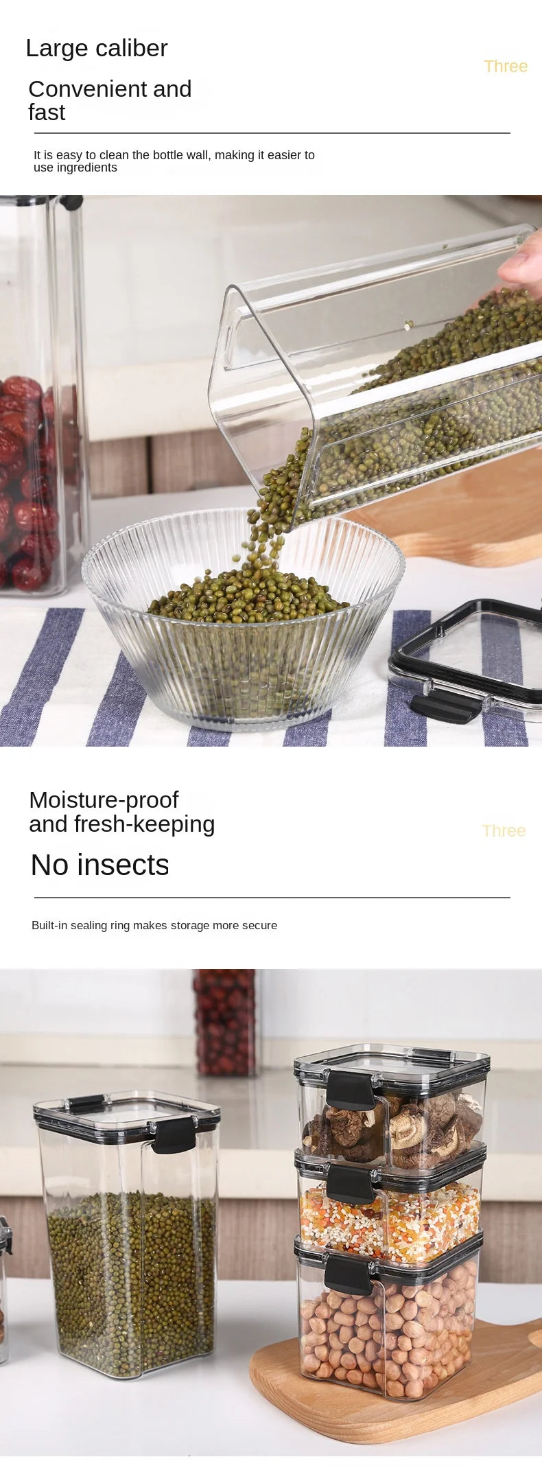 Frasco de armazenamento de alimentos selado transparente Organizador de cozinha de plástico Tanque Multigrain Frascos selados secos empilháveis Conjunto de 5pcs