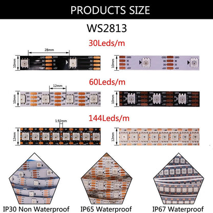 Ws2811 ws2812b ws2813 ws2815 30/60/144 pixels/leds/m 5050 rgbic tira led inteligente ws2812 luz ic endereçável individualmente dc5v/12v