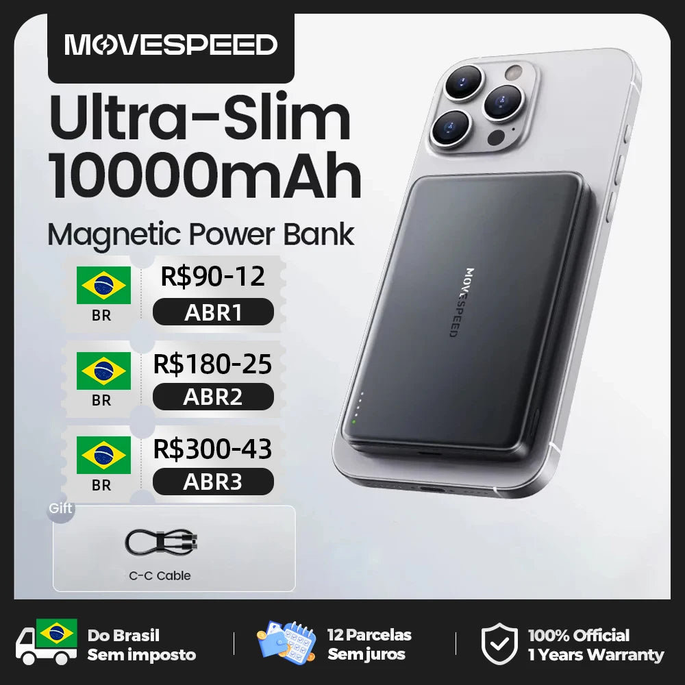 Movespeed s10 banco de potência magnético fino 10000mah pd20w carregador portátil bateria externa sem fio para iphone 16 samsung powerbank