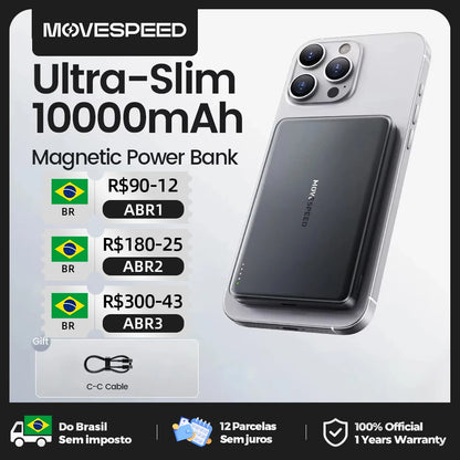 Movespeed s10 banco de potência magnético fino 10000mah pd20w carregador portátil bateria externa sem fio para iphone 16 samsung powerbank