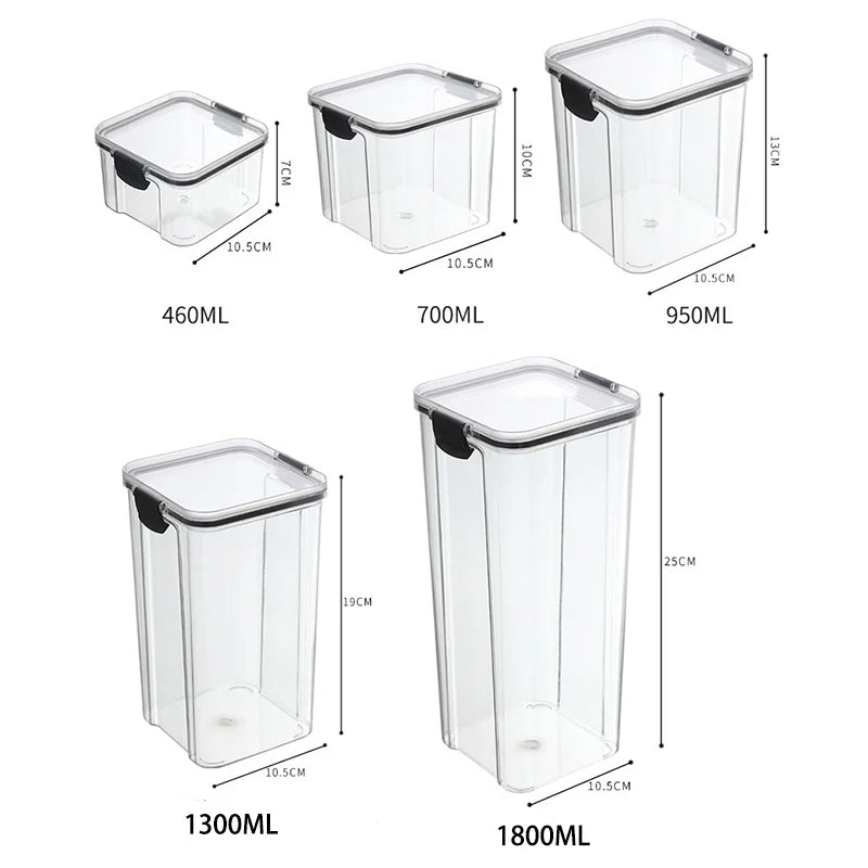 Frasco de armazenamento de alimentos selado transparente Organizador de cozinha de plástico Tanque Multigrain Frascos selados secos empilháveis Conjunto de 5pcs