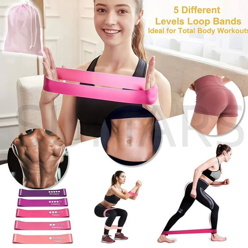 Kit 5 Faixas Elástica de Resistência Silicone para Yoga Pilates Fisioterapia Treino Academia