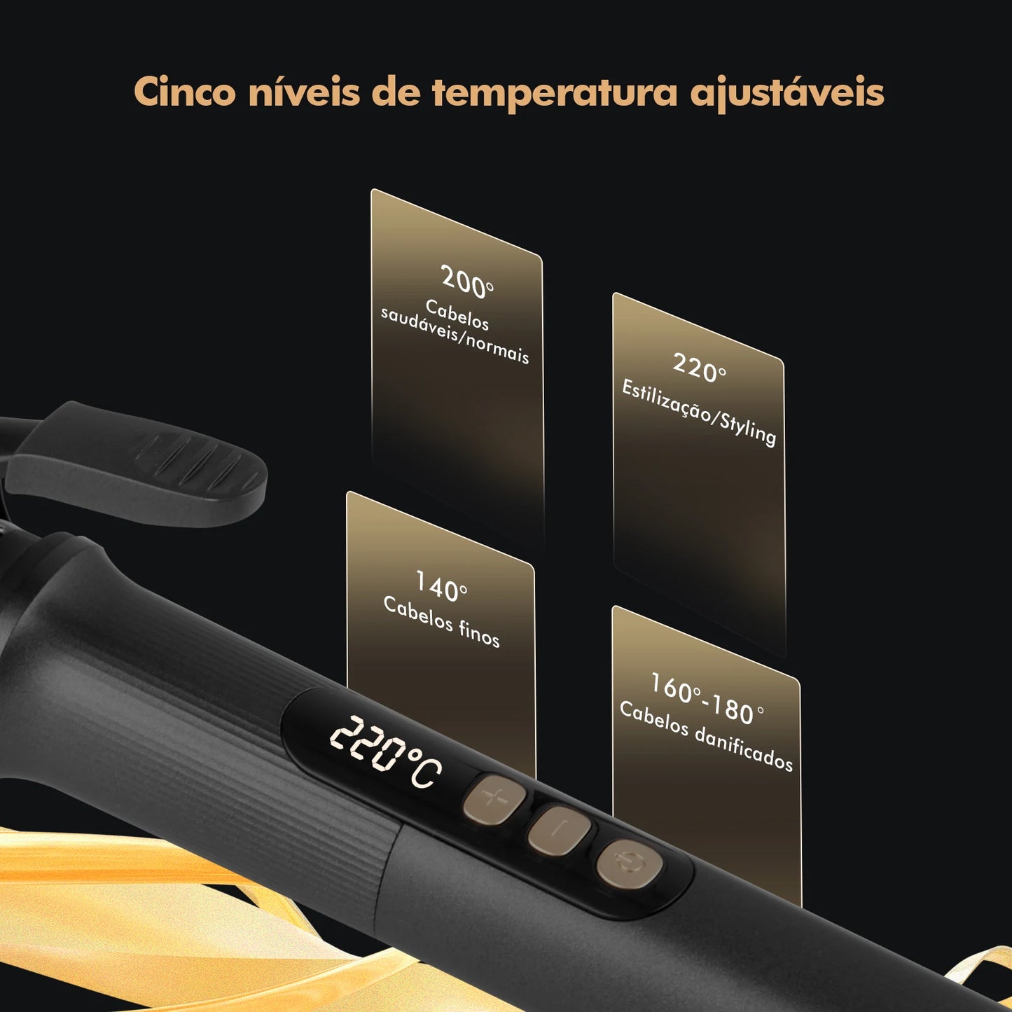 Modelador de Cabelo 32mm com Display LCD, Preto e Dourado, 5 Temperaturas (140°C-220°C), Revestimento Cerâmico, Bivolt 110-220V