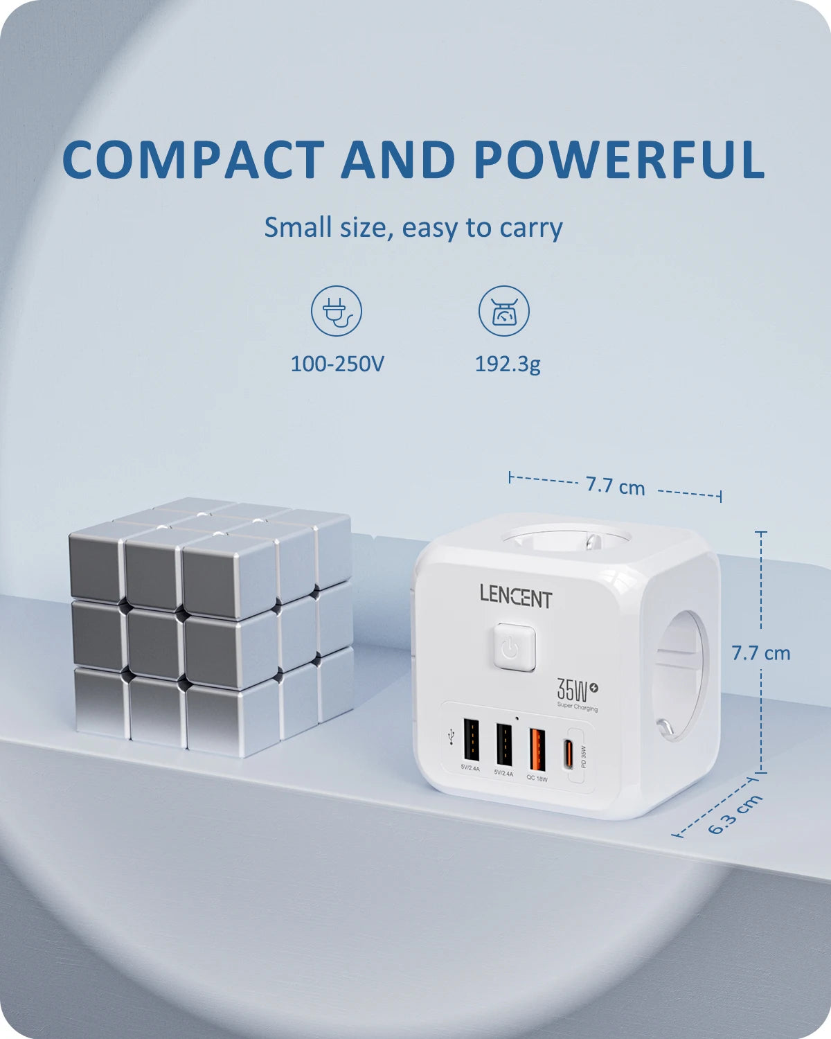 LENCENT Extensor de Tomada de Parede com 3 Tomadas AC 3 Portas USB E 1 Tipo C 7-em 1 EU Plug Charger On/Off Switch para Casa