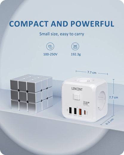 LENCENT Extensor de Tomada de Parede com 3 Tomadas AC 3 Portas USB E 1 Tipo C 7-em 1 EU Plug Charger On/Off Switch para Casa