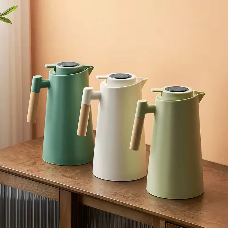Garrafa Térmica Nórdica de 1L com Cabo de Madeira e Revestimento de Vidro, Jarra para Água Quente de Grande Capacidade, Garrafa de Café Doméstica de Parede Dupla