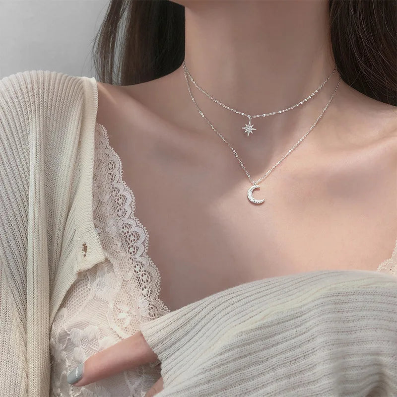 925 colar de prata para mulheres dupla camada zircão estrela lua pingente colar delicado corrente charme elegante moda jóias presentes