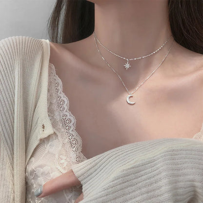 925 colar de prata para mulheres dupla camada zircão estrela lua pingente colar delicado corrente charme elegante moda jóias presentes