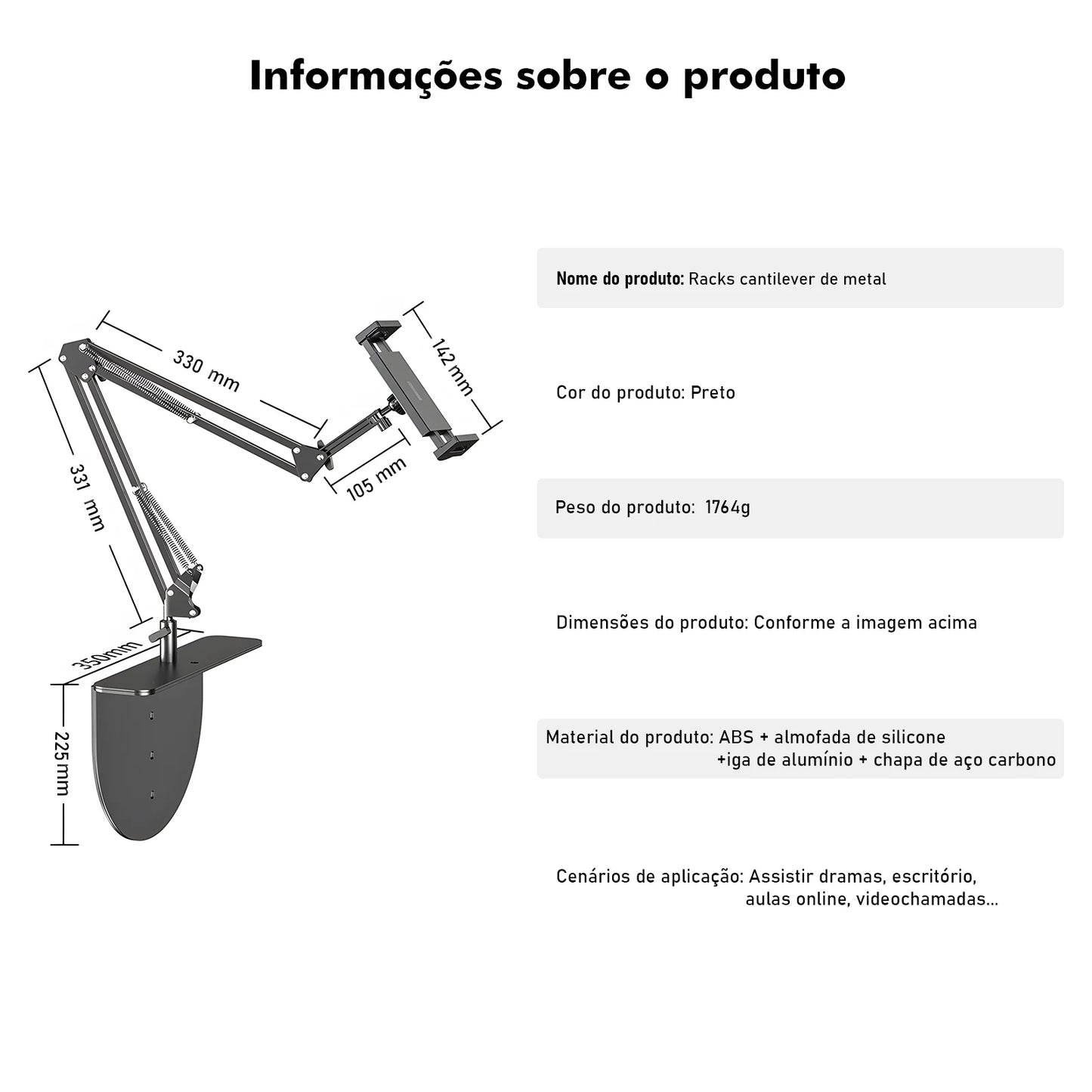 Suporte de Braço Metálico Articulado para Cabeceira - Ajuste 360°, Compatível com Celular e Tablet, Fácil Instalação, Coibeu