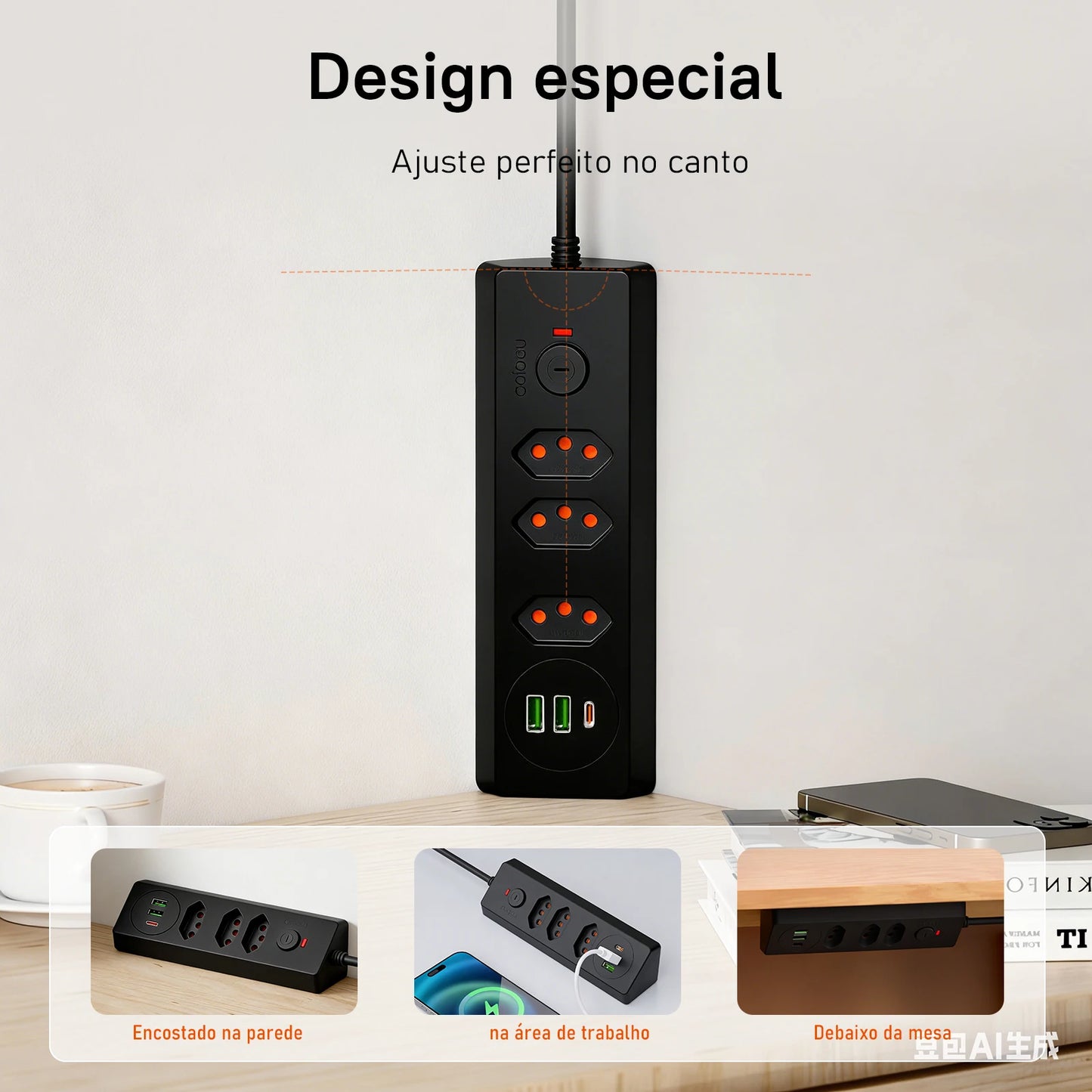 Tomada Múltipla Padrão Brasileiro 3 Tomadas + 2USB + Type-C， Extensão Elétrica， Filtro de Linha， Extensão Tomada， Coibeu