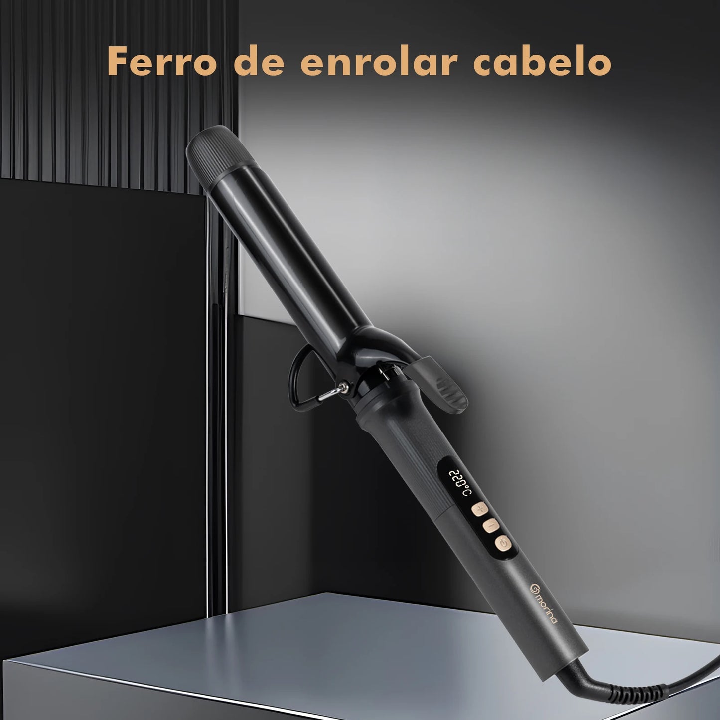 Modelador de Cabelo 32mm com Display LCD, Preto e Dourado, 5 Temperaturas (140°C-220°C), Revestimento Cerâmico, Bivolt 110-220V