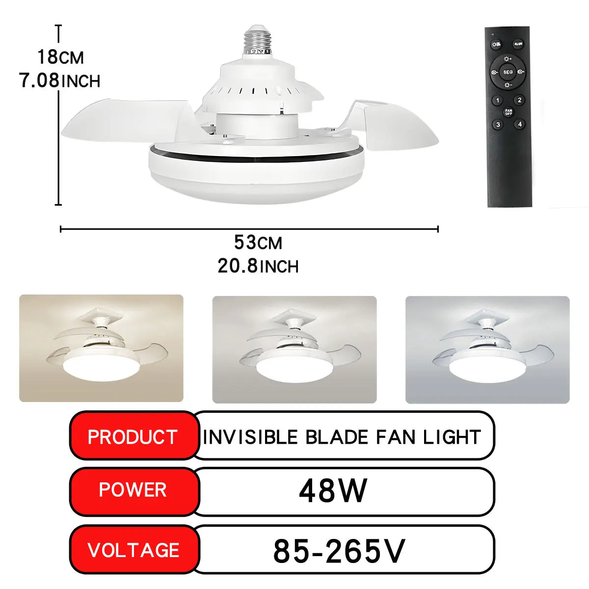 Ventilador de teto LED 30W E27 com controle remoto para escurecimento, adequado para sala de estar, estudo, uso doméstico, 110-265V