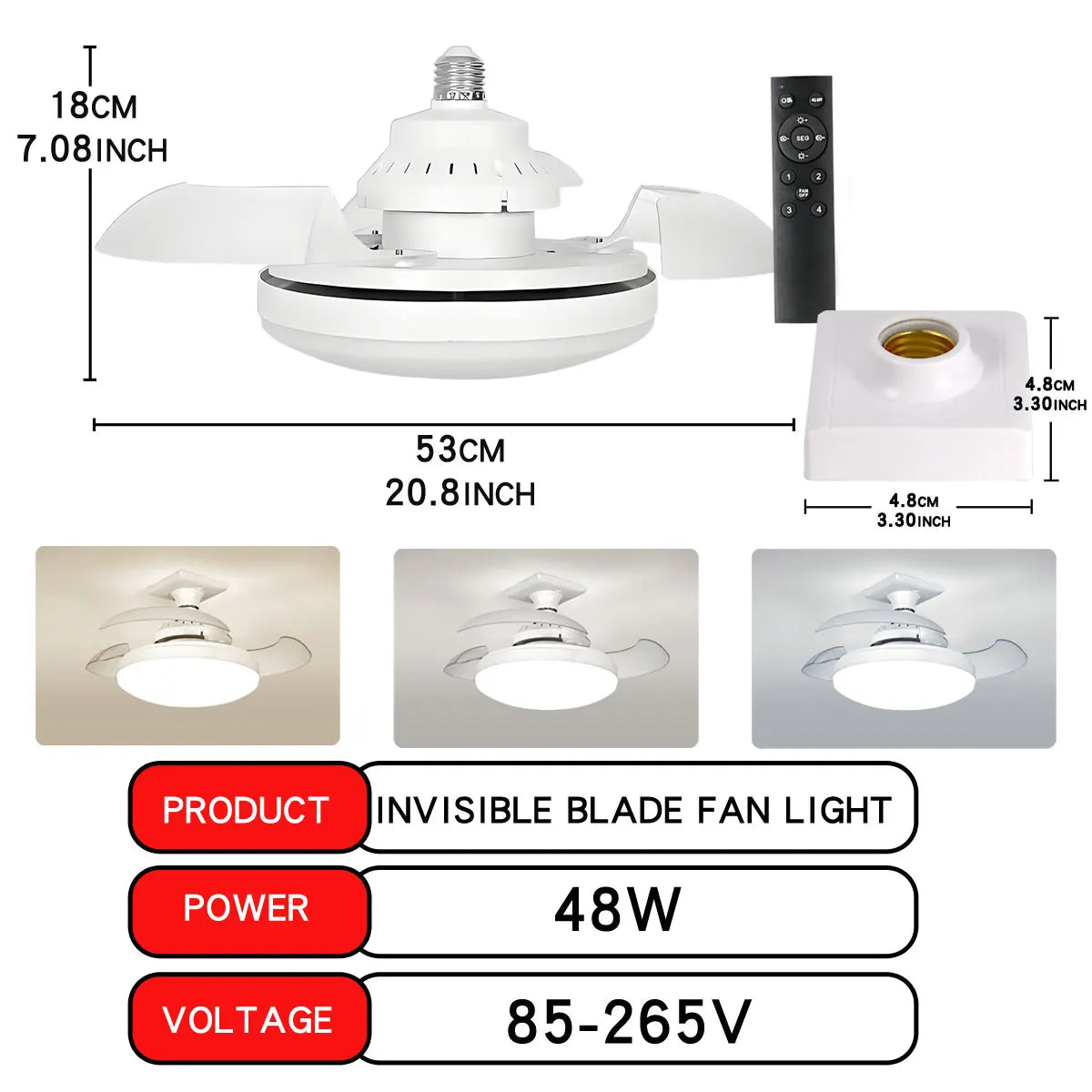Ventilador de teto LED 30W E27 com controle remoto para escurecimento, adequado para sala de estar, estudo, uso doméstico, 110-265V