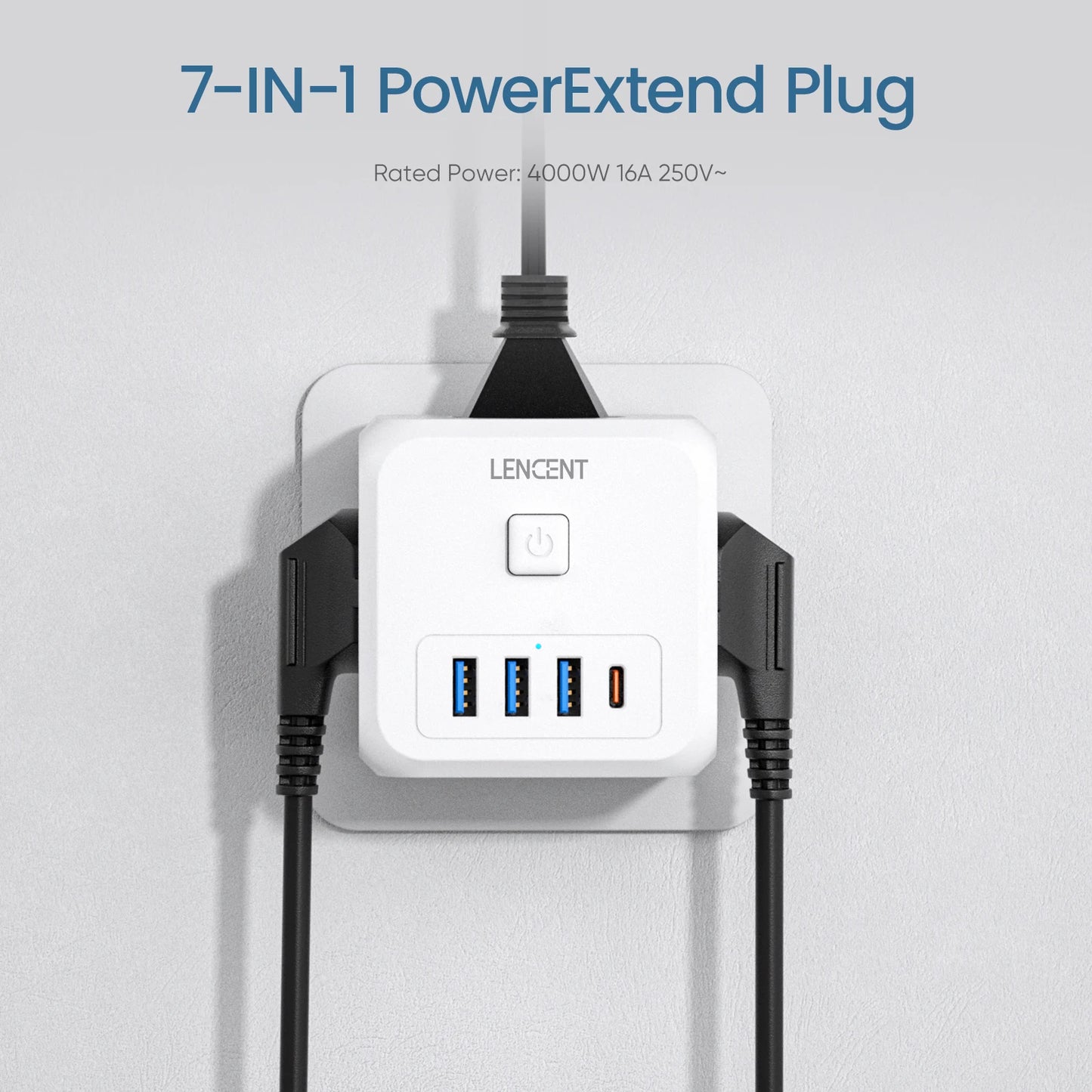 LENCENT Extensor de Tomada de Parede com 3 Tomadas AC 3 Portas USB E 1 Tipo C 7-em 1 EU Plug Charger On/Off Switch para Casa
