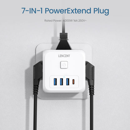 LENCENT Extensor de Tomada de Parede com 3 Tomadas AC 3 Portas USB E 1 Tipo C 7-em 1 EU Plug Charger On/Off Switch para Casa