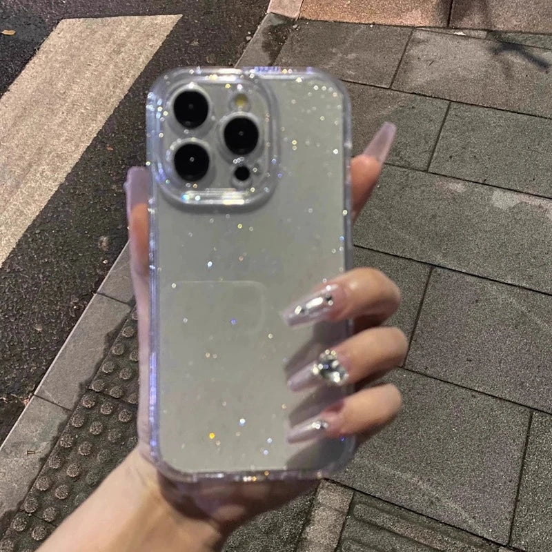 Capa de telefone transparente com glitter macio, para iphone 11 12 13 14 15 16 17 pro max plus air, à prova de choque, silicone transparente