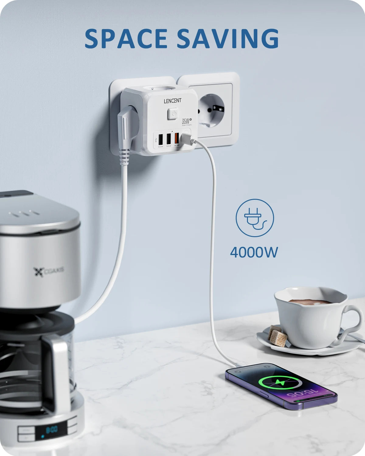LENCENT Extensor de Tomada de Parede com 3 Tomadas AC 3 Portas USB E 1 Tipo C 7-em 1 EU Plug Charger On/Off Switch para Casa