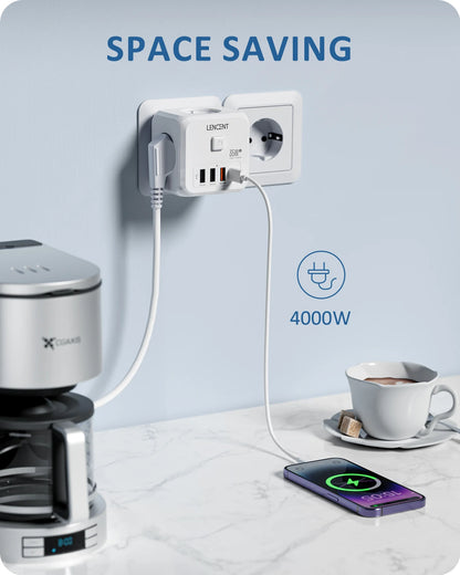 LENCENT Extensor de Tomada de Parede com 3 Tomadas AC 3 Portas USB E 1 Tipo C 7-em 1 EU Plug Charger On/Off Switch para Casa