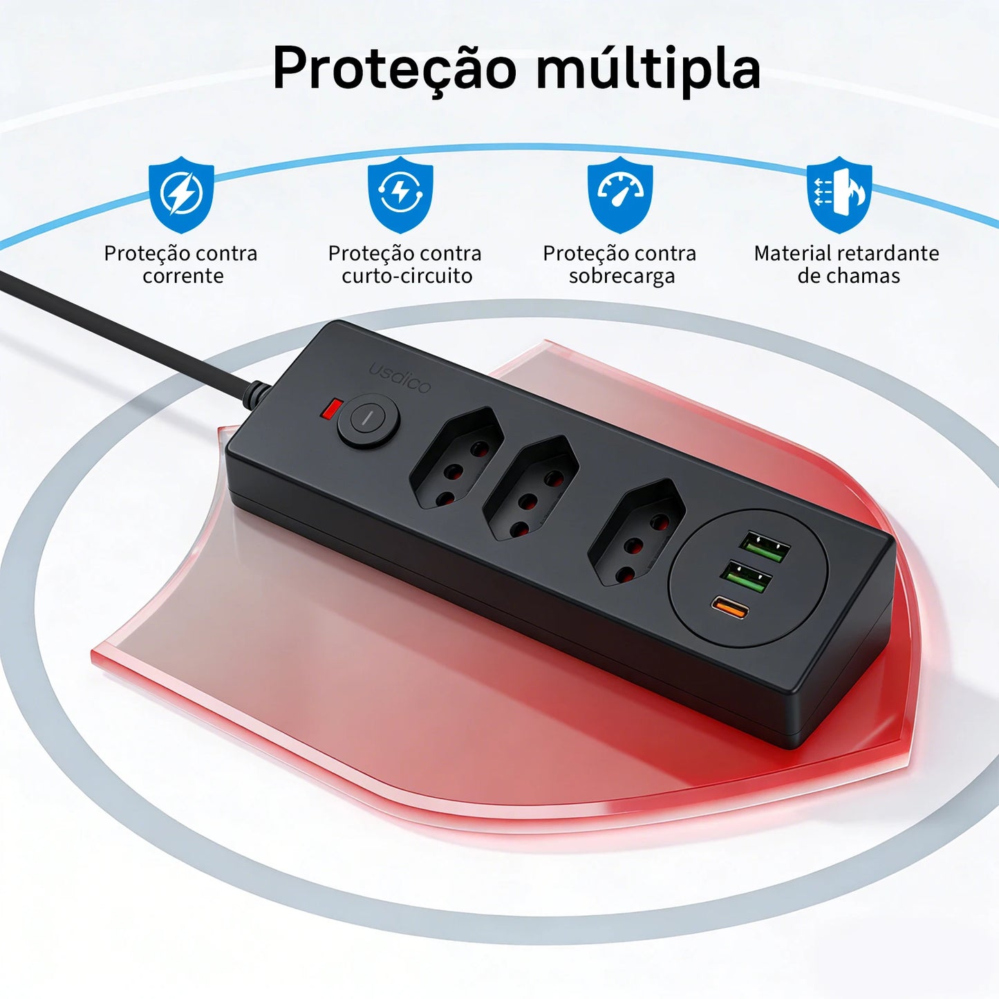 Tomada Múltipla Padrão Brasileiro 3 Tomadas + 2USB + Type-C， Extensão Elétrica， Filtro de Linha， Extensão Tomada， Coibeu
