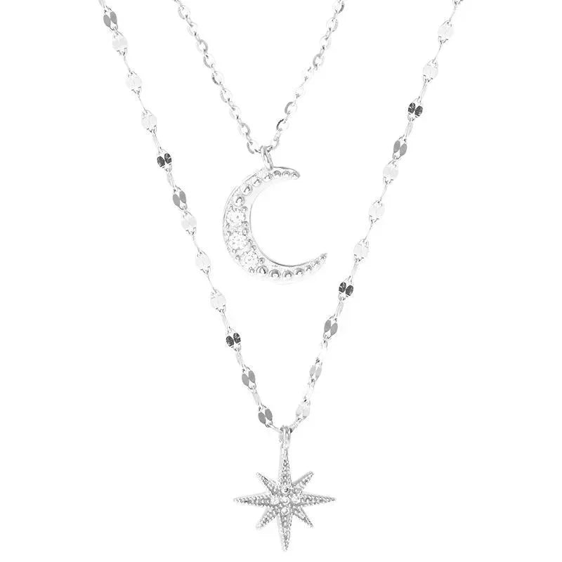 925 colar de prata para mulheres dupla camada zircão estrela lua pingente colar delicado corrente charme elegante moda jóias presentes