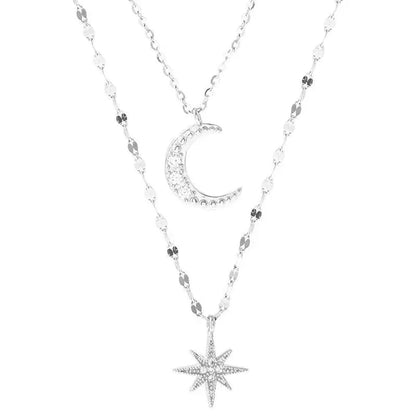 925 colar de prata para mulheres dupla camada zircão estrela lua pingente colar delicado corrente charme elegante moda jóias presentes