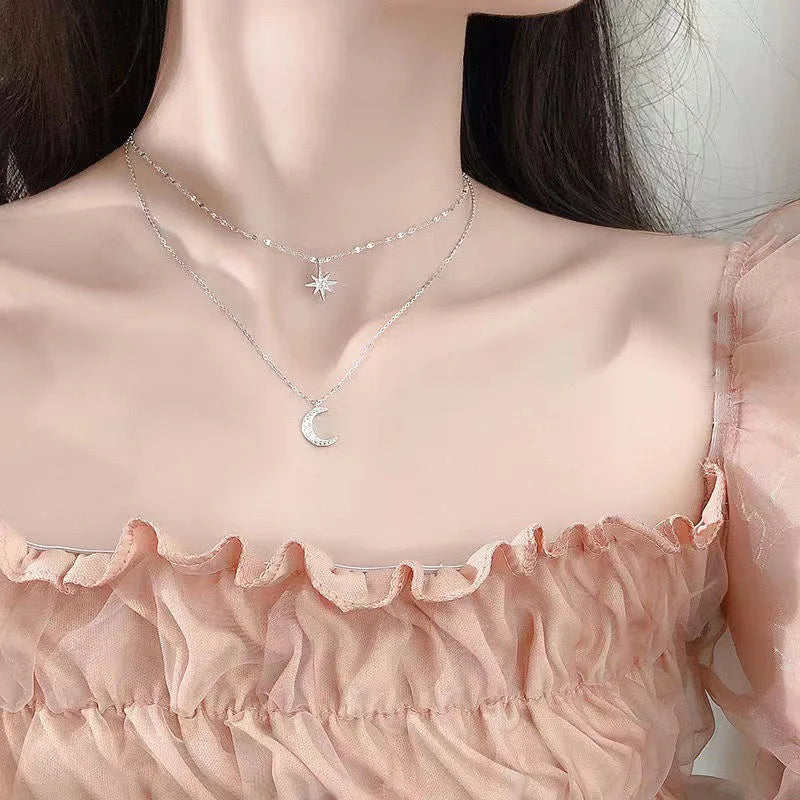 925 colar de prata para mulheres dupla camada zircão estrela lua pingente colar delicado corrente charme elegante moda jóias presentes