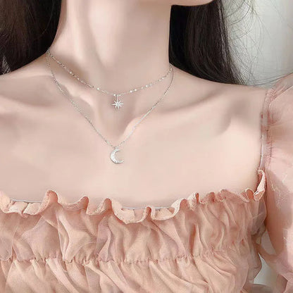 925 colar de prata para mulheres dupla camada zircão estrela lua pingente colar delicado corrente charme elegante moda jóias presentes