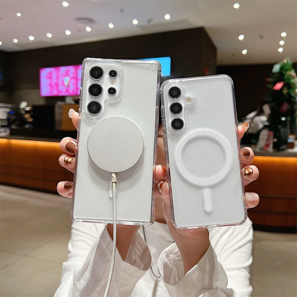 Moda clara magnética magsafe caso de carga sem fio para samsung galaxy s25 s24 s23 s22 s21 s20 plus fe ultra casos anti-queda