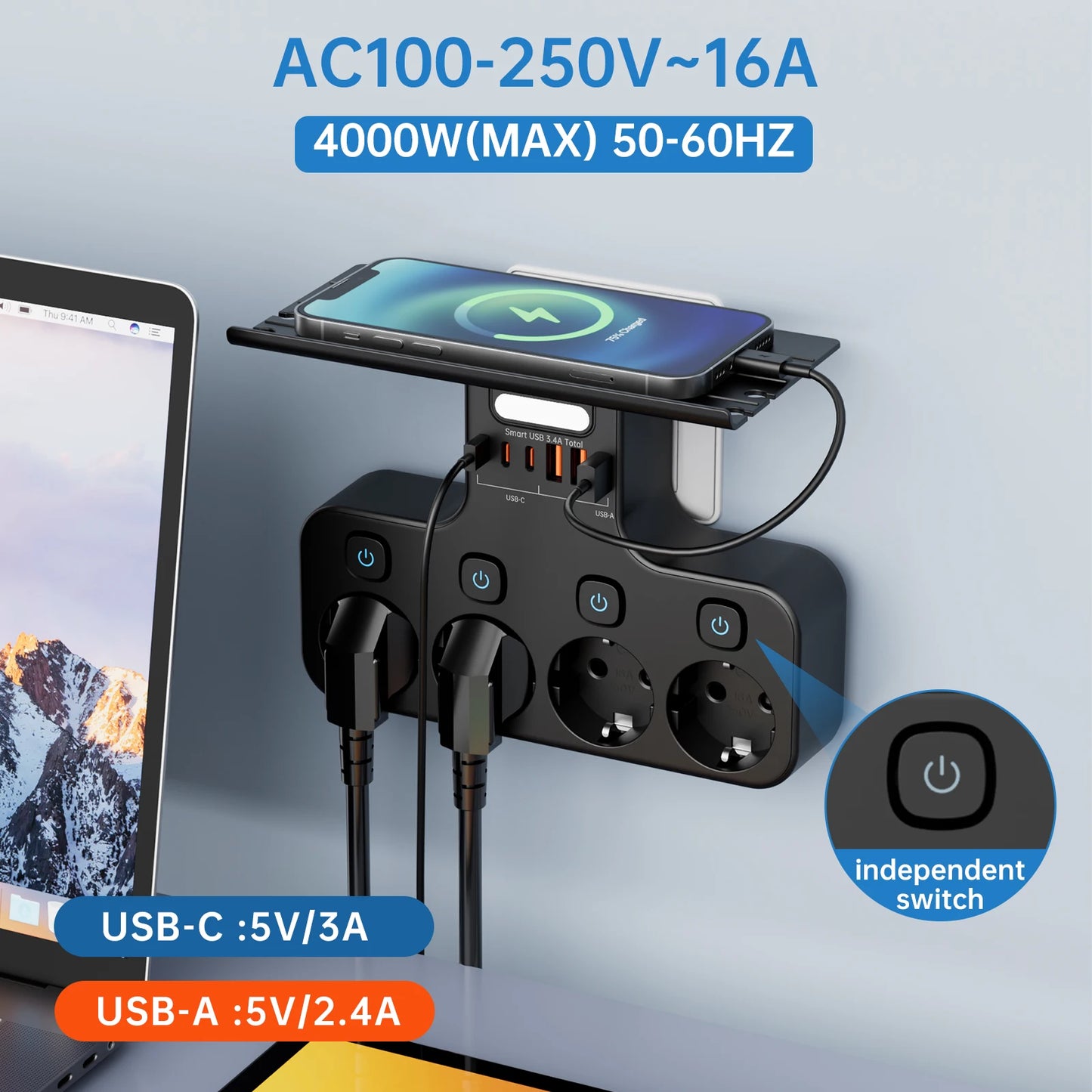 4000w ue plug power strip tomada multifuncional inteligente luz noturna interruptor independente tomada padrão europeu com portas usb c