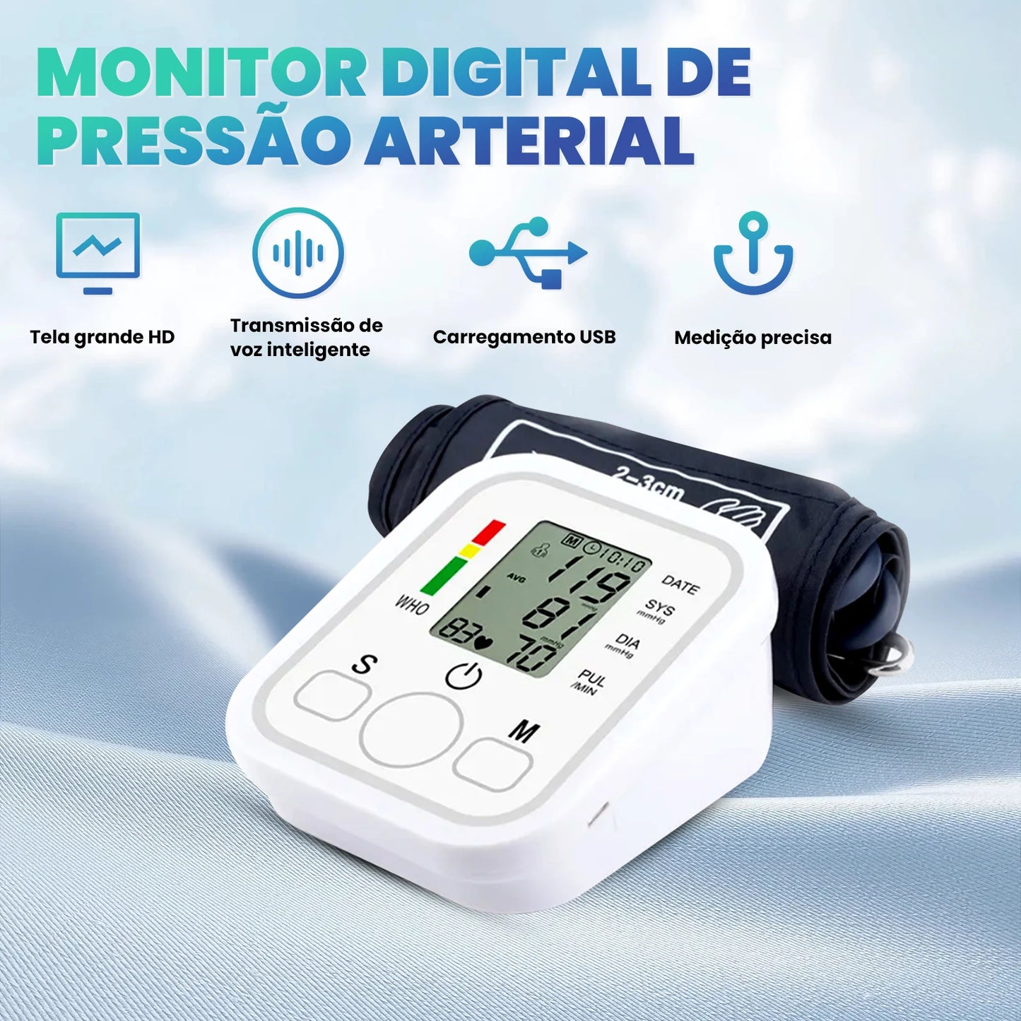 Monitor de Pressão Arterial Digital para Braço, Automático e Preciso, Ideal para Uso Doméstico, Ideal para Idosos e Monitoramento Diário