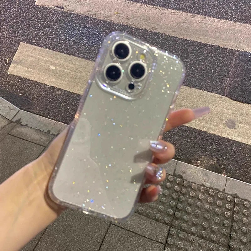 Capa de telefone transparente com glitter macio, para iphone 11 12 13 14 15 16 17 pro max plus air, à prova de choque, silicone transparente