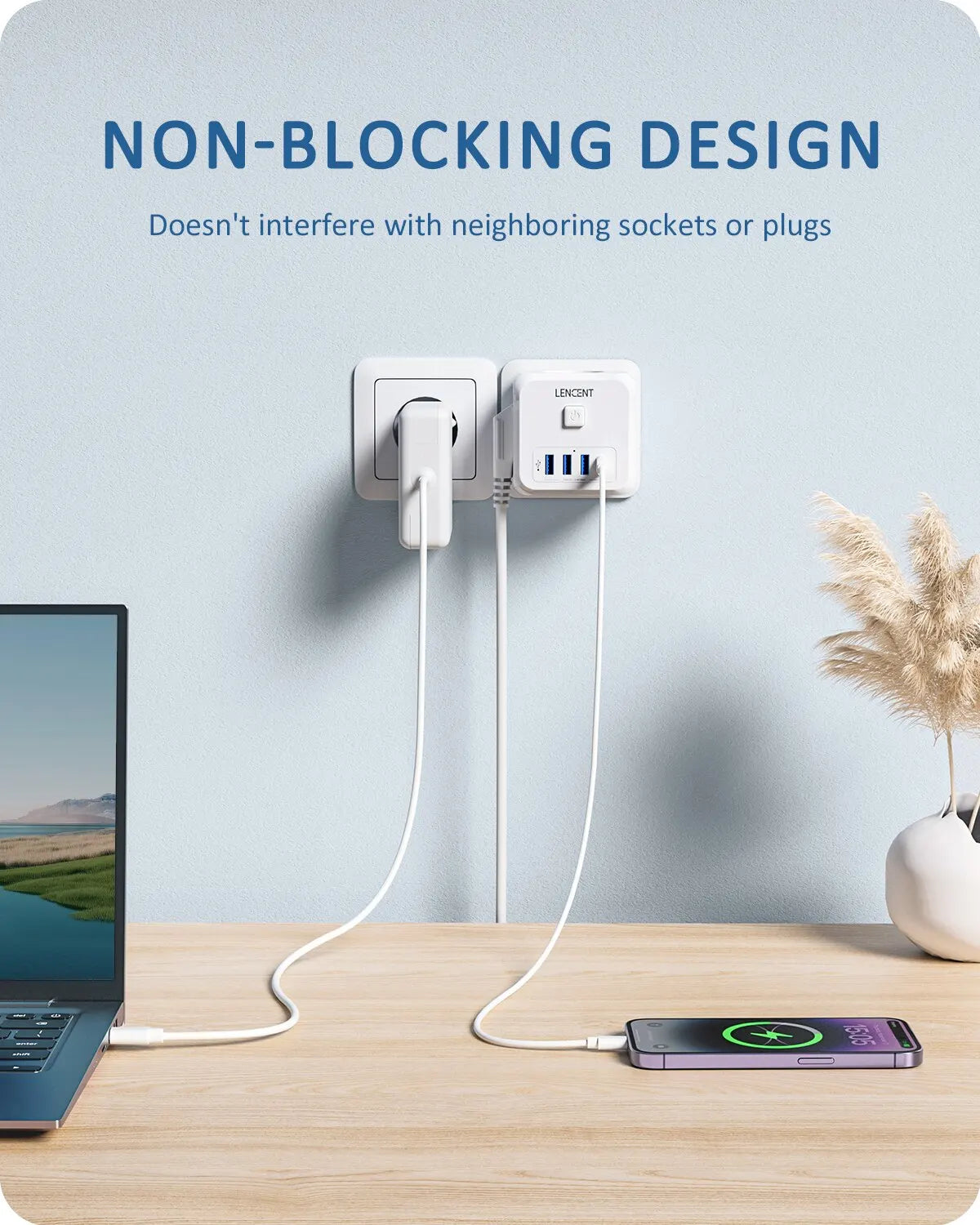 LENCENT Extensor de Tomada de Parede com 3 Tomadas AC 3 Portas USB E 1 Tipo C 7-em 1 EU Plug Charger On/Off Switch para Casa
