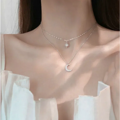 925 colar de prata para mulheres dupla camada zircão estrela lua pingente colar delicado corrente charme elegante moda jóias presentes