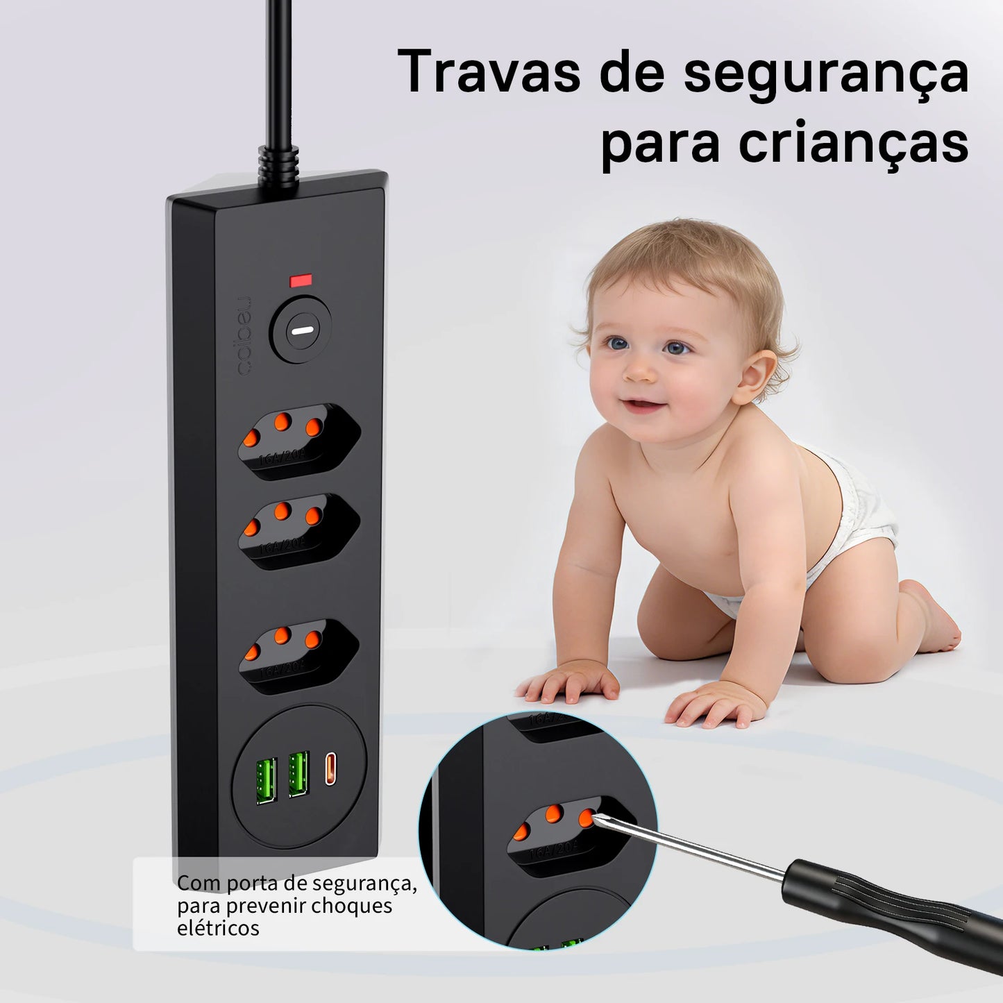 Tomada Múltipla Padrão Brasileiro 3 Tomadas + 2USB + Type-C， Extensão Elétrica， Filtro de Linha， Extensão Tomada， Coibeu