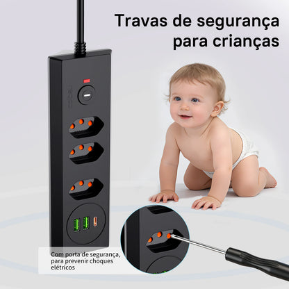 Tomada Múltipla Padrão Brasileiro 3 Tomadas + 2USB + Type-C， Extensão Elétrica， Filtro de Linha， Extensão Tomada， Coibeu