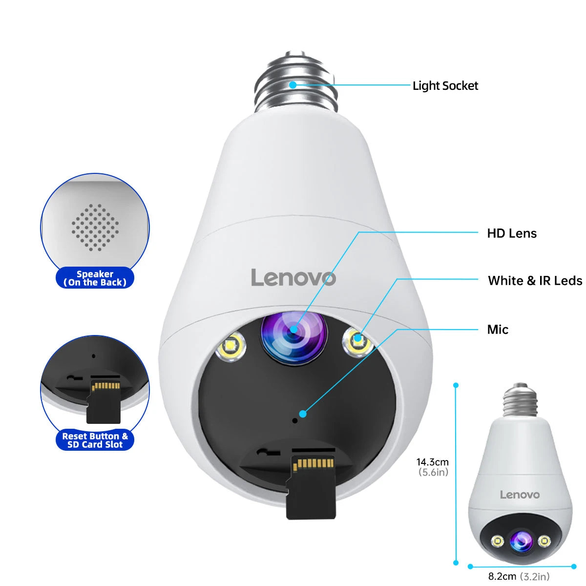 Lenovo 3mp e27 lâmpada ip wifi câmera de vigilância de vídeo interna cor noite ai rastreamento casa inteligente monitor do bebê câmera cctv