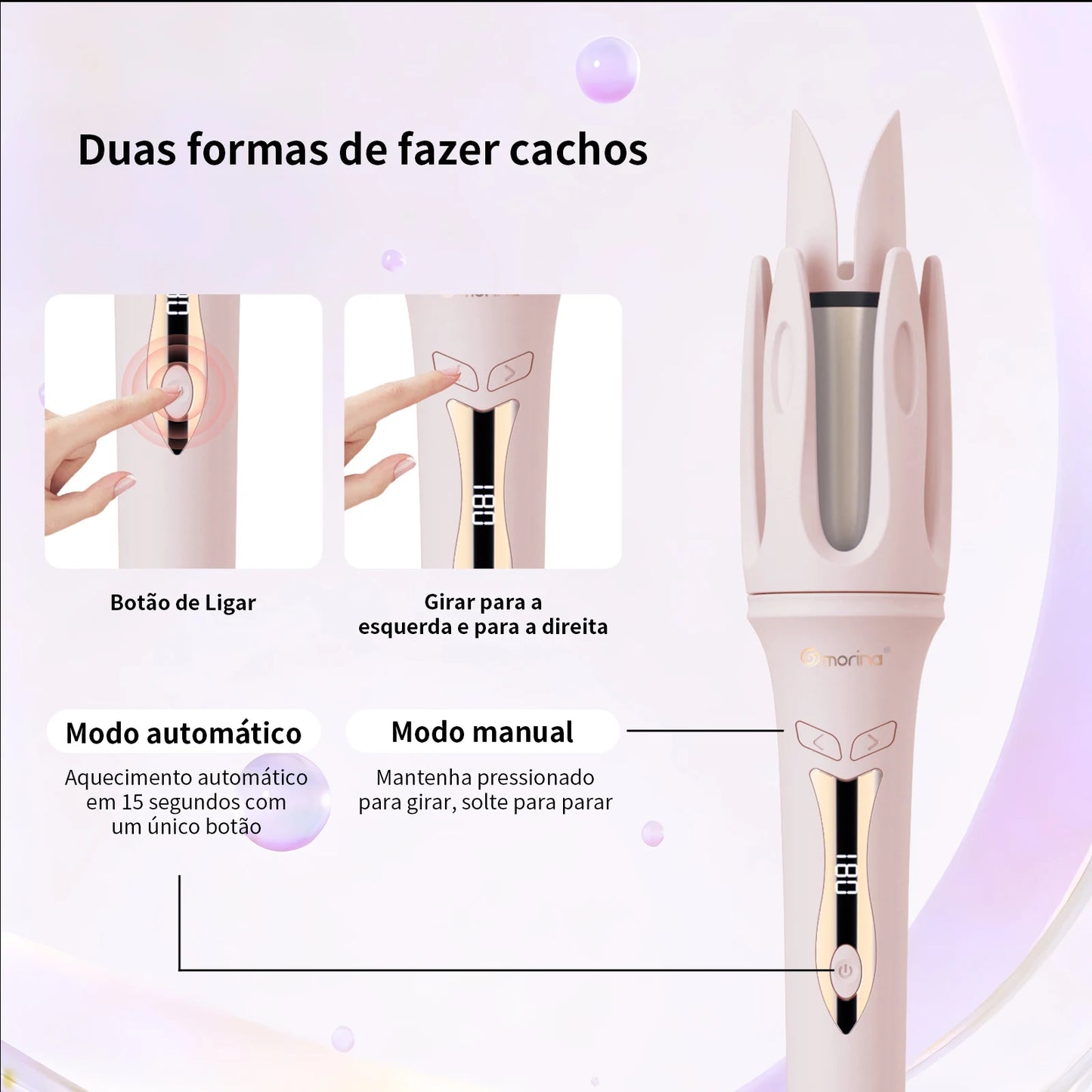 Modelador de Cabelo Automático Rosa 3 Temperaturas (160°C-200°C), Revestimento Cerâmico, Aquecimento Rápido, Cachos em Minutos