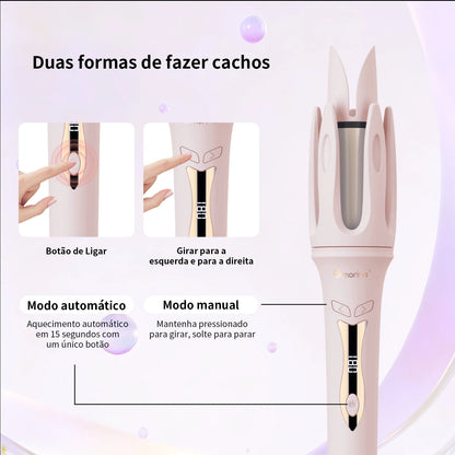 Modelador de Cabelo Automático Rosa 3 Temperaturas (160°C-200°C), Revestimento Cerâmico, Aquecimento Rápido, Cachos em Minutos