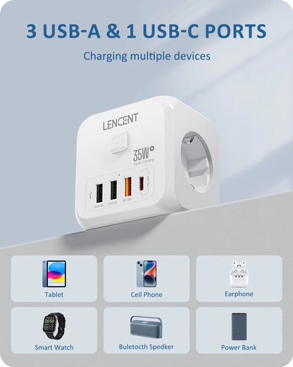 LENCENT Extensor de Tomada de Parede com 3 Tomadas AC 3 Portas USB E 1 Tipo C 7-em 1 EU Plug Charger On/Off Switch para Casa