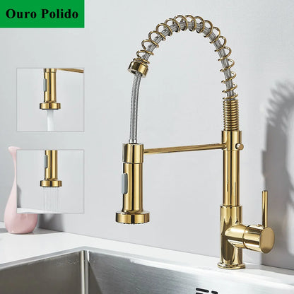 Torneira de cozinha cromada pull down, pia de cozinha, guindaste, bico giratório duplo, torneira misturadora de água quente e fria, instalação de deck