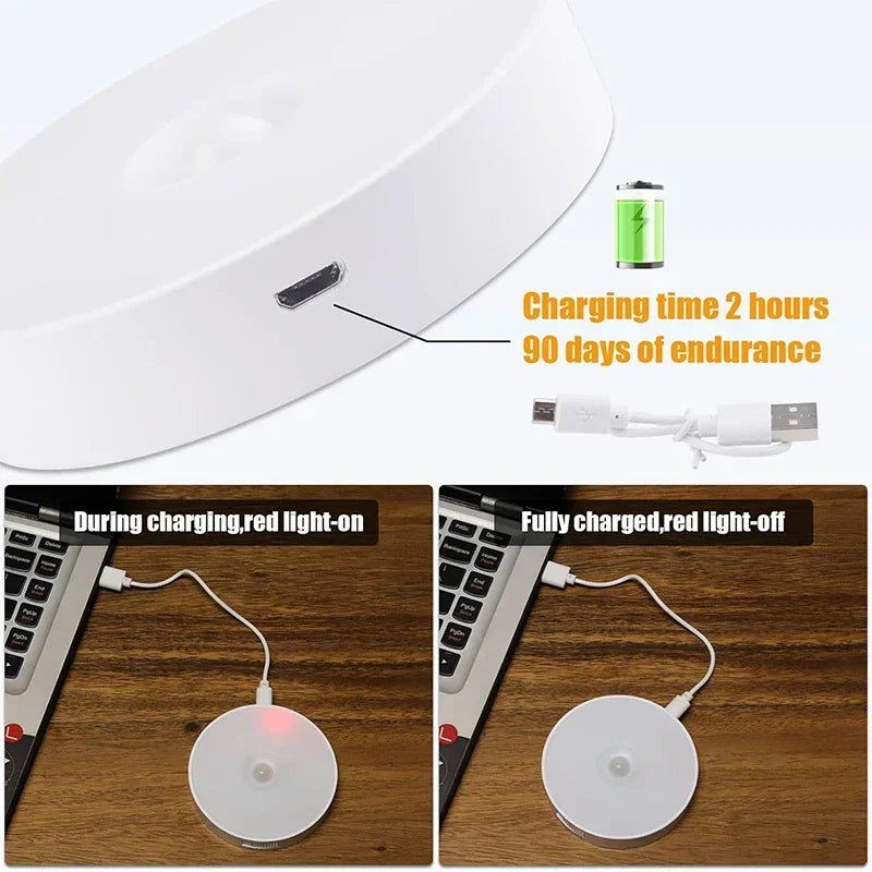2 ~ 6 pacote sensor de movimento led night light usb recarregável 3 cores noite lâmpada armário guarda-roupa escada sem fio luz do armário